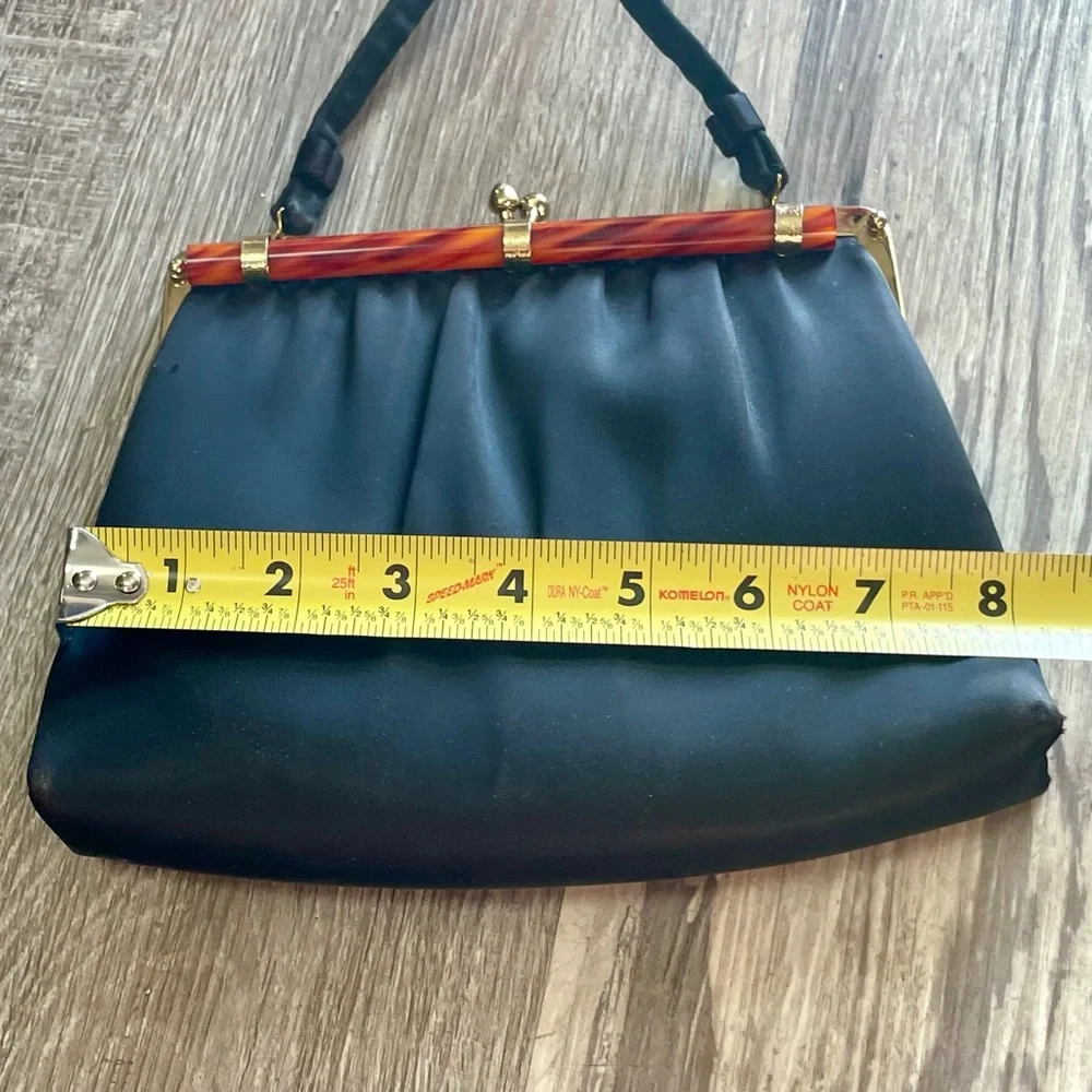 Vintage 60s Ande Black Satin Evening Bag + Tortoise Shell Style Clasp Purse - Picture 16 of 16